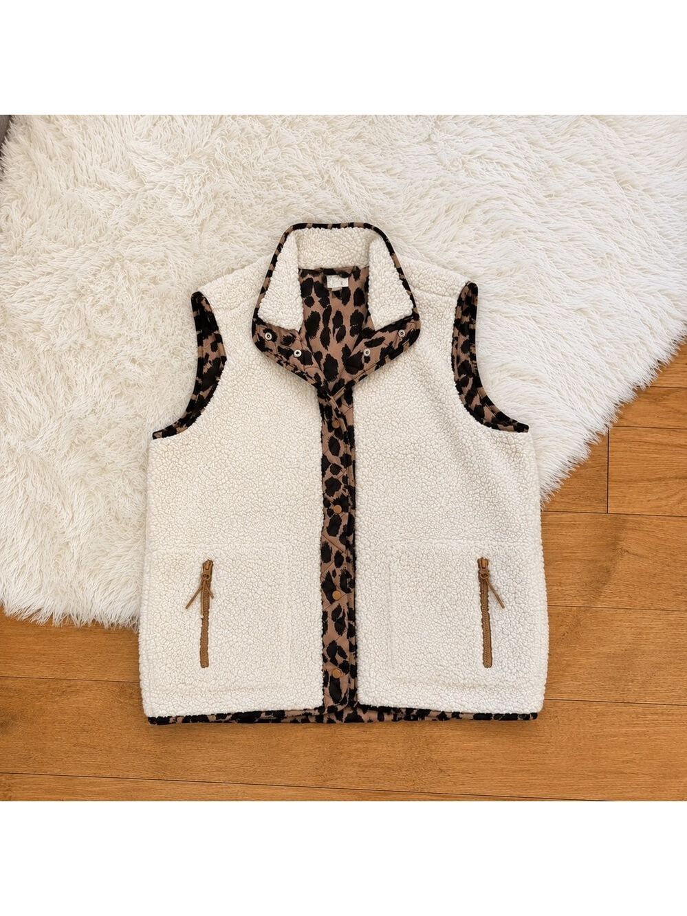 Como Vintage Womens Sherpa Fleece Vest Leopard Print Cream White Size Large Vibe